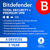 Bitdefender Total Security 5 Device with Premium VPN 5 Device 1-Year Subscription Download Bundle