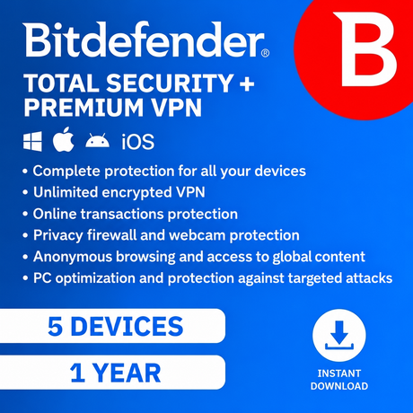 Bitdefender Total Security 5 Device with Premium VPN 5 Device 1-Year Subscription Download Bundle