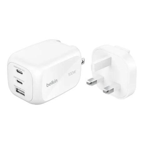 Belkin 3-Port 100W GaN Wall Charger Travel Adapter Kit White WCH016HQWH
