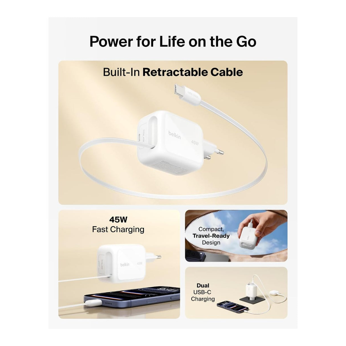 Belkin BoostCharge 45W Dual USB-C Wall Charger with Rectractable Cable - White WCH023KQWH