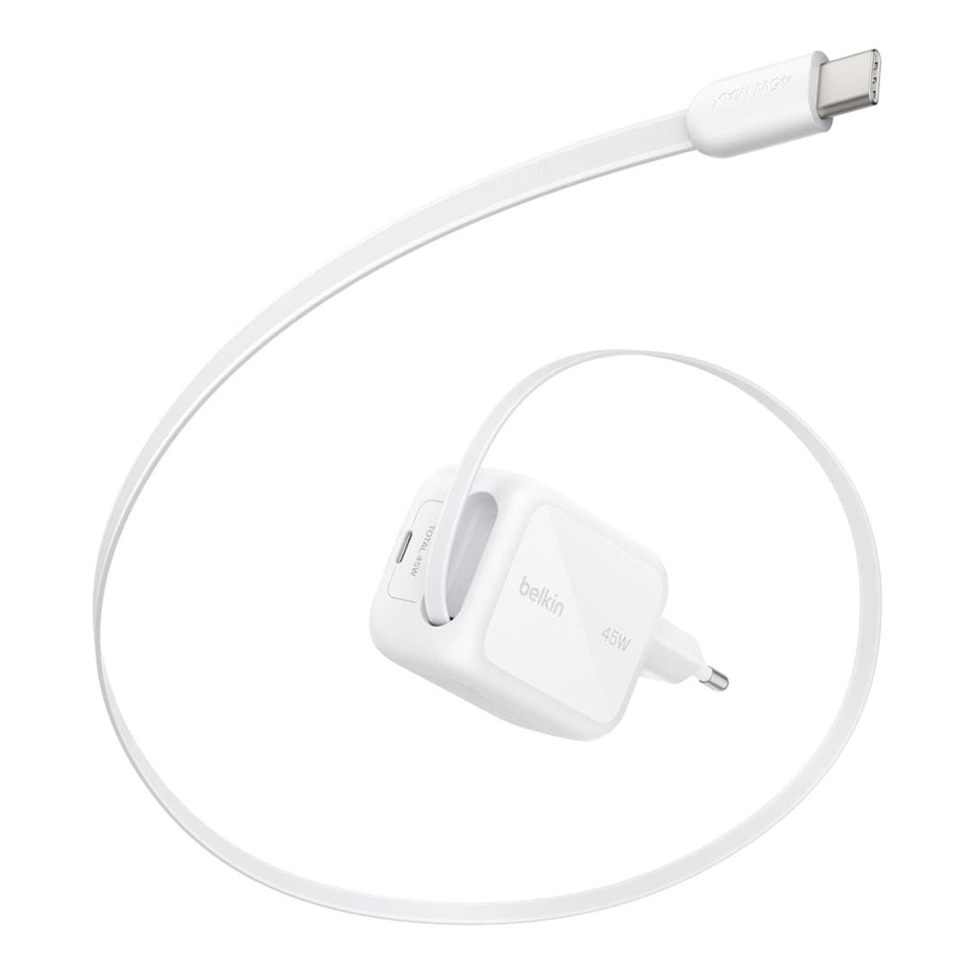 Belkin BoostCharge 45W Dual USB-C Wall Charger with Rectractable Cable - White WCH023KQWH