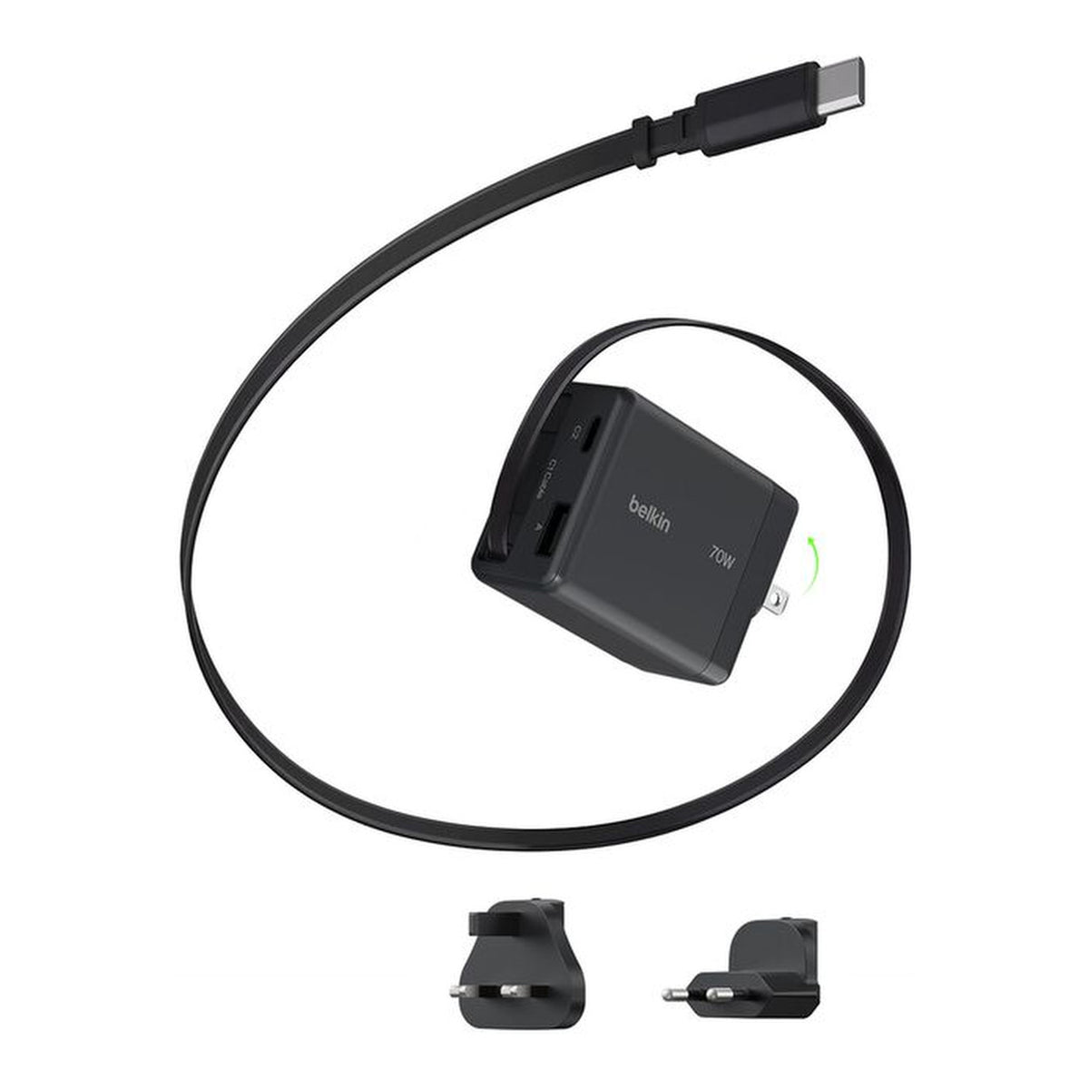 Belkin UltraCharge 70W GaN Wall Charger with Retractable USB-C Cable USB-C and USB-A Ports UK and EU Plugs Black WCH028HQBK