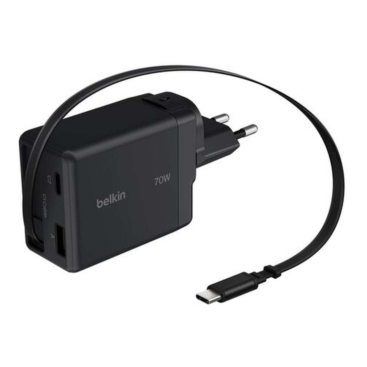 Belkin UltraCharge 70W GaN Wall Charger with Retractable USB-C Cable USB-C and USB-A Ports UK and EU Plugs Black WCH028HQBK