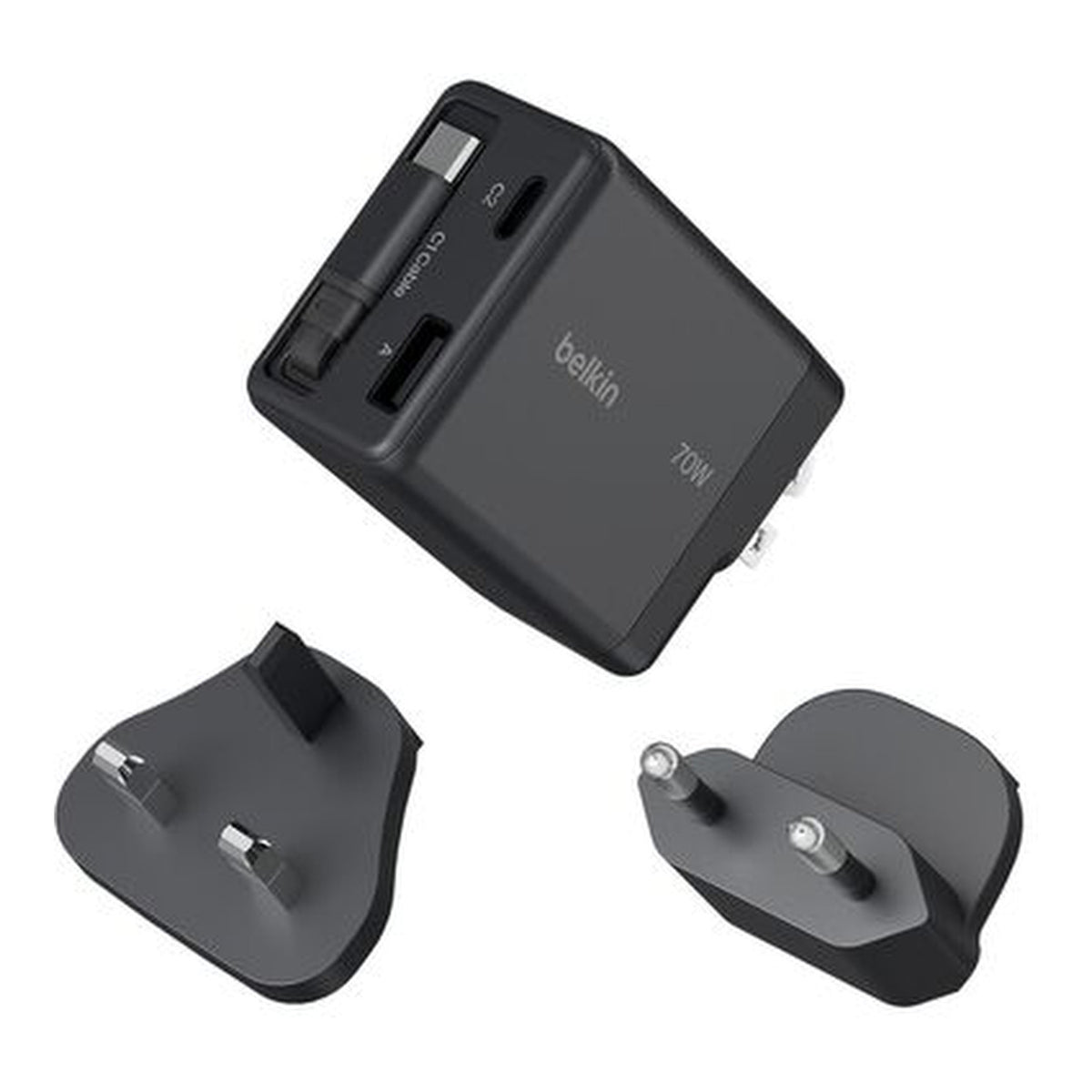 Belkin UltraCharge 70W GaN Wall Charger with Retractable USB-C Cable USB-C and USB-A Ports UK and EU Plugs Black WCH028HQBK