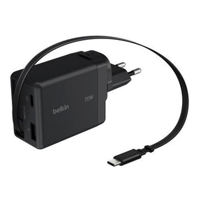 Belkin UltraCharge 70W GaN Wall Charger with Retractable USB-C Cable USB-C and USB-A Ports UK and EU Plugs Black WCH028HQBK