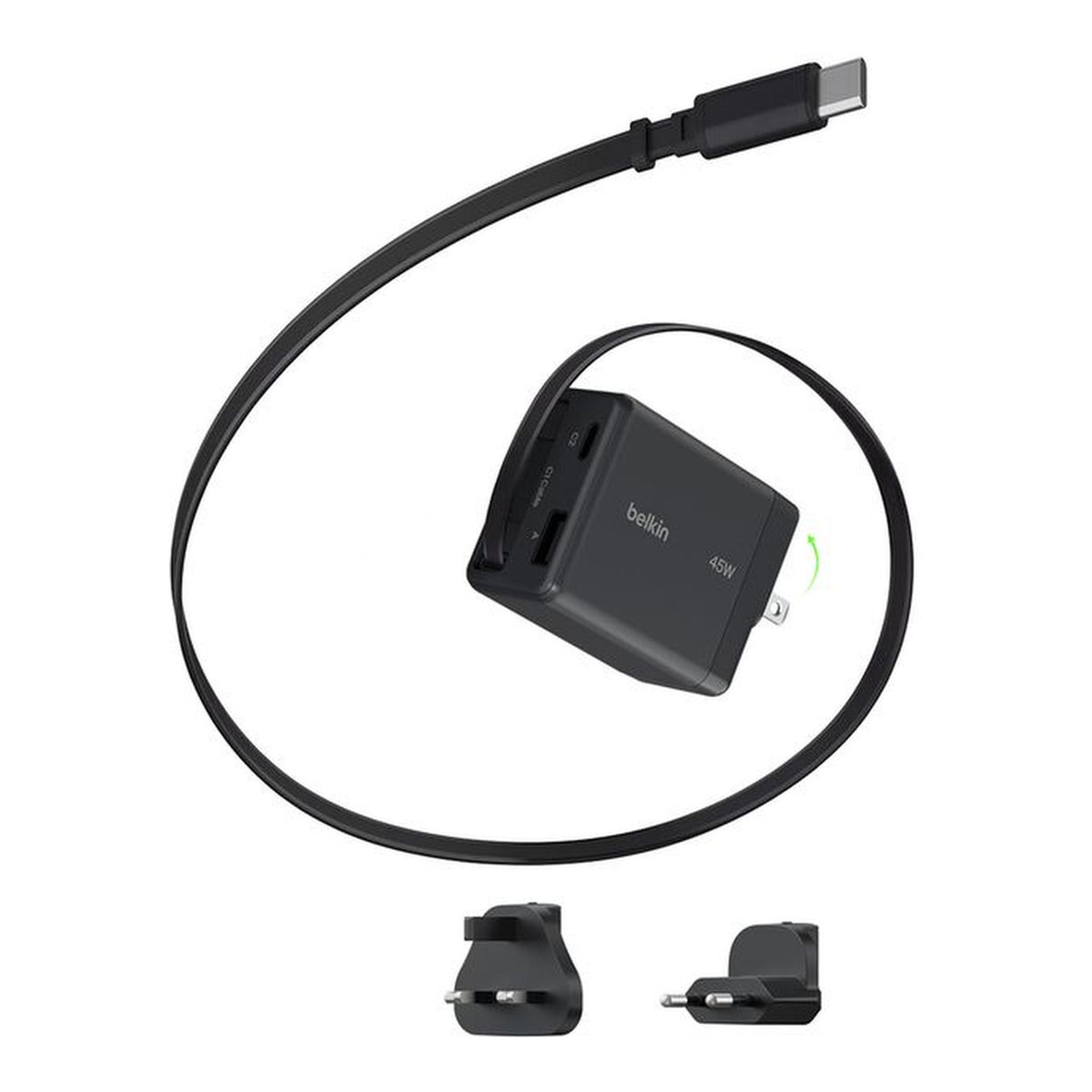 Belkin UltraCharge 45W GaN Wall Charger with Retractable USB-C Cable USB-C and USB-A Ports UK and EU Plugs Black WCH029HQBK