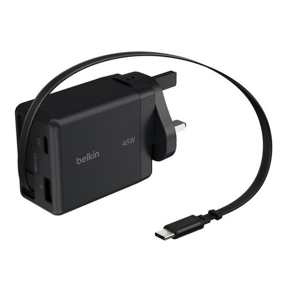 Belkin UltraCharge 45W GaN Wall Charger with Retractable USB-C Cable USB-C and USB-A Ports UK and EU Plugs Black WCH029HQBK