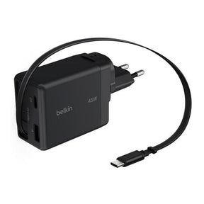 Belkin UltraCharge 45W GaN Wall Charger with Retractable USB-C Cable USB-C and USB-A Ports UK and EU Plugs Black WCH029HQBK