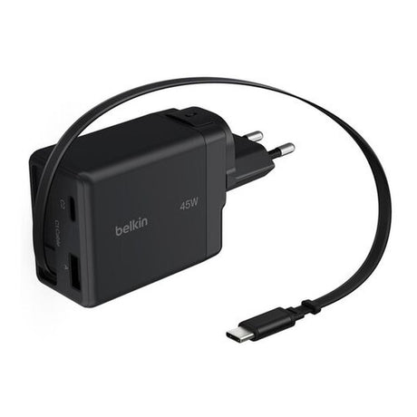 Belkin UltraCharge 45W GaN Wall Charger with Retractable USB-C Cable USB-C and USB-A Ports UK and EU Plugs Black WCH029HQBK