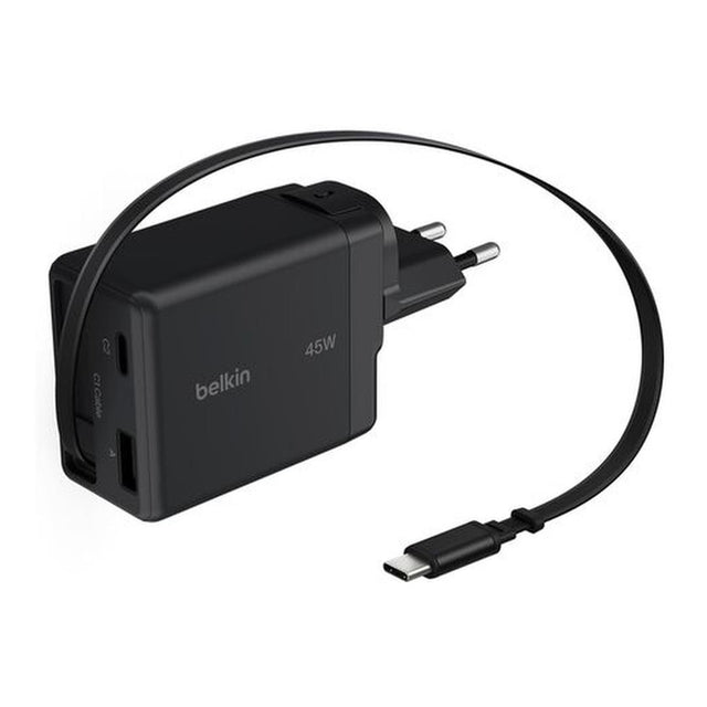 Belkin UltraCharge 45W GaN Wall Charger with Retractable USB-C Cable USB-C and USB-A Ports UK and EU Plugs Black WCH029HQBK