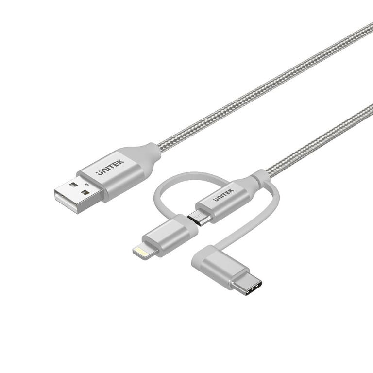 Unitek Y-C4036ASL 3-in-1 to Type-A Multi Charging Cable 1m Silver