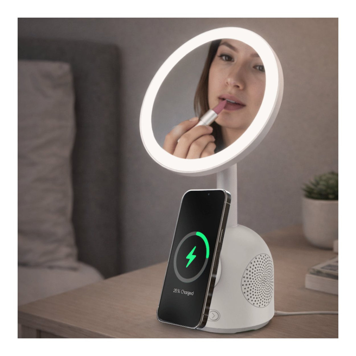 ZEN Unify Series 15W Wireless Phone Charger with Bluetooth Speaker Clock and Mirror White ZN-8405-WT