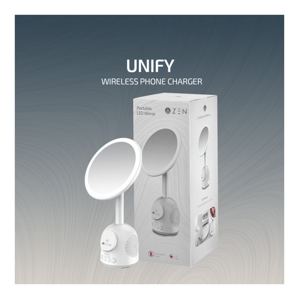 ZEN Unify Series 15W Wireless Phone Charger with Bluetooth Speaker Clock and Mirror White ZN-8405-WT