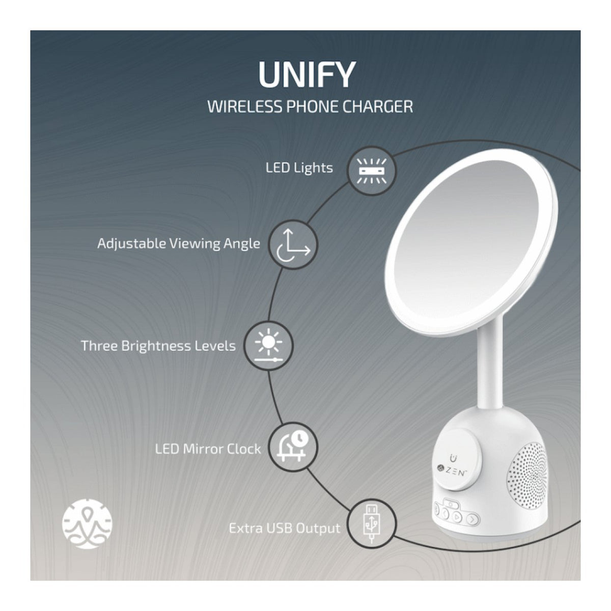 ZEN Unify Series 15W Wireless Phone Charger with Bluetooth Speaker Clock and Mirror White ZN-8405-WT