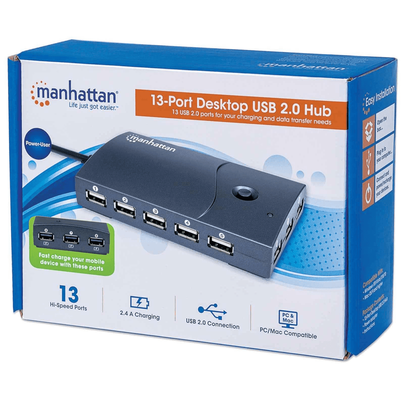 Manhattan USB 2.0 Desktop USB Hub 13 X USB 2.0 Ports AC or Bus Power Multiple Transaction 162463