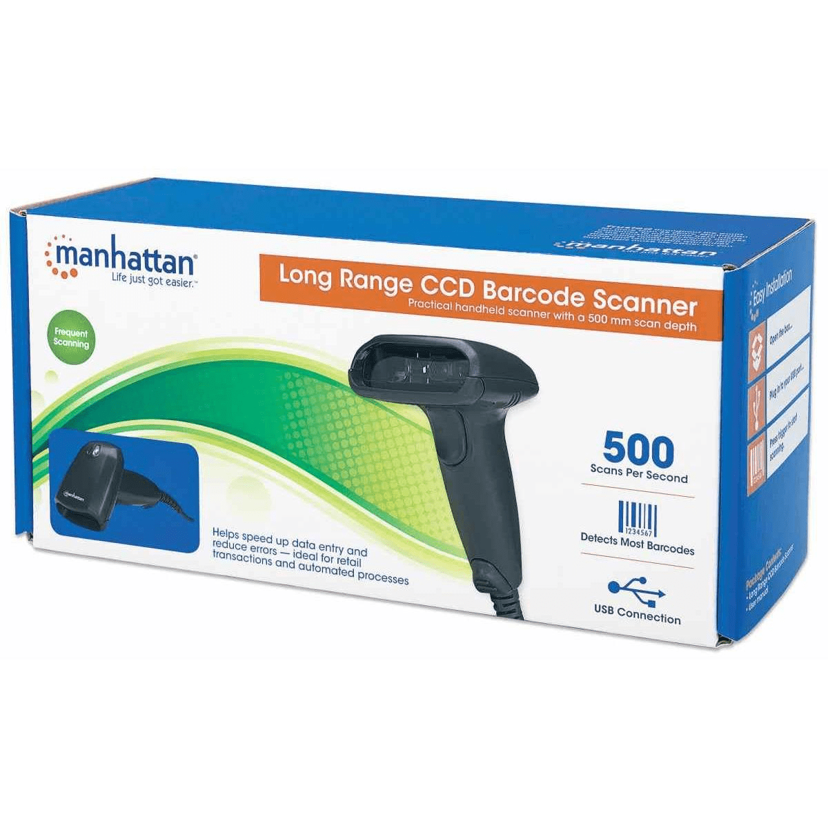 Manhattan 1.5m Long Range CCD Handheld Barcode Scanner USB 500mm Scan Depth 177672