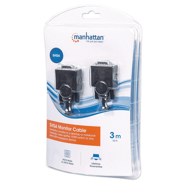 Manhattan 3m SVGA Monitor Cable HD15 Male to Male Compatible with VGA Fully Shielded 393782
