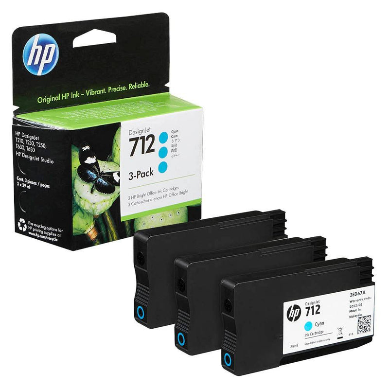 HP 712 Cyan Printer Ink Cartridge Original 3ED77A Tri-pack