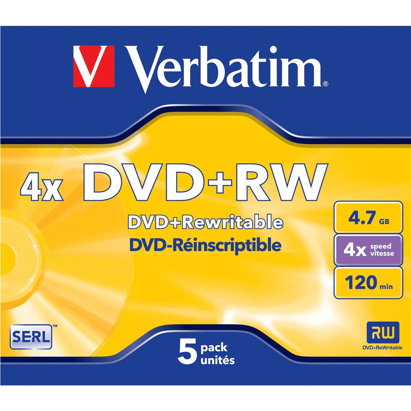Verbatim 43229 DVD+RW 4x Disc in Non Print Jewel Case 5-pack