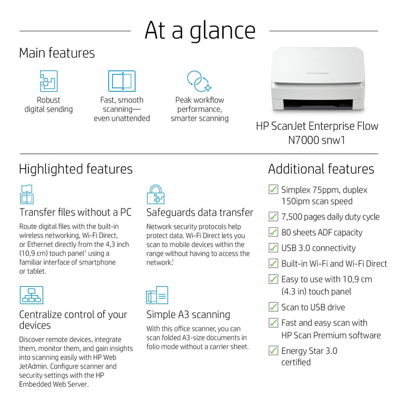 HP ScanJet Enterprise Flow N7000 snw1 Up to 75 ppm 600 x 600 dpi A4 Sheet-fed Scanner 6FW10A