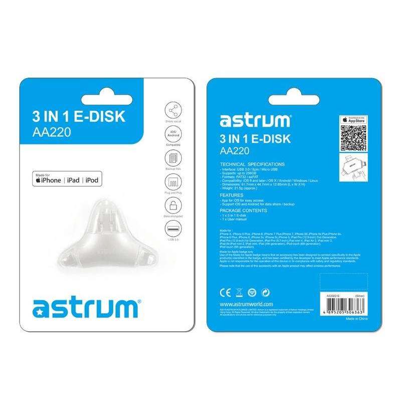 Astrum AA220 3 in 1 E-Disk Multi-Function Card Reader for Smart Phones A53022-S