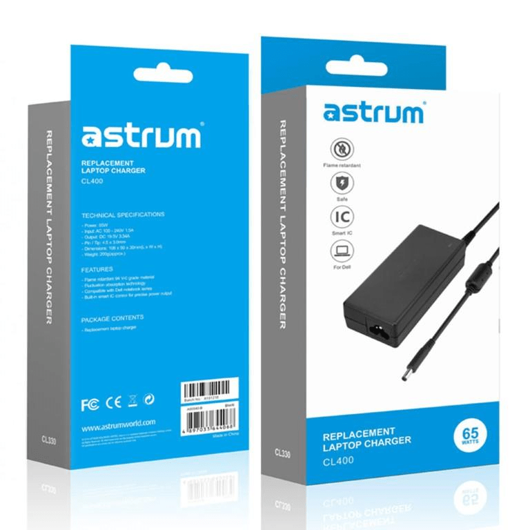 Astrum CL400 65W Replacement AC Adapter for Dell Laptops 19.5V A90540-B
