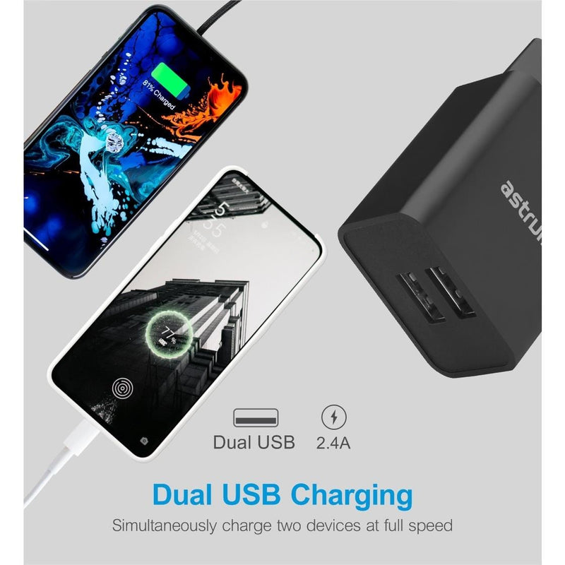 Astrum Pro Dual U24 12W 2.4A USB Wall Charger Black A92624EB