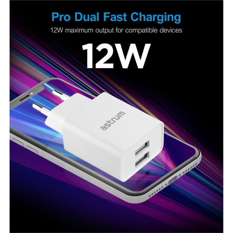 Astrum Pro Dual U24 12W 2.4A USB Wall Charger White A92624EW