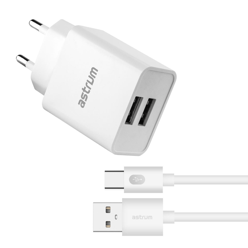 Astrum Pro Dual U24 12W 2.4A USB Wall Charger with USB-C Cable White A92626EW