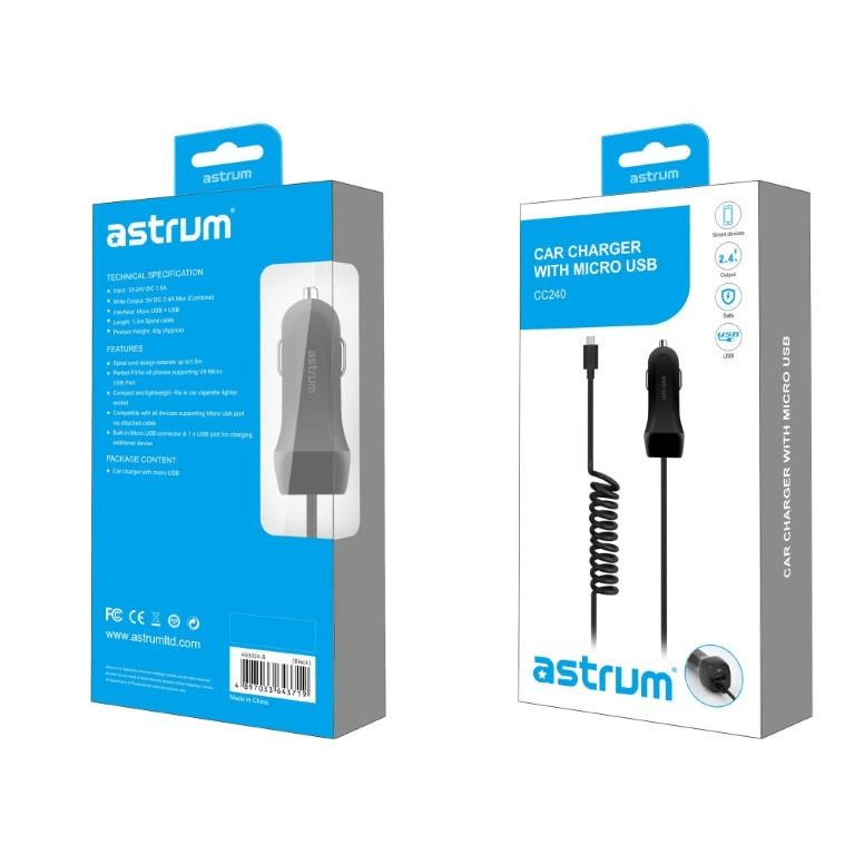 Astrum CC240 Spring Micro USB Car Charger 2.1A Black A93024-B