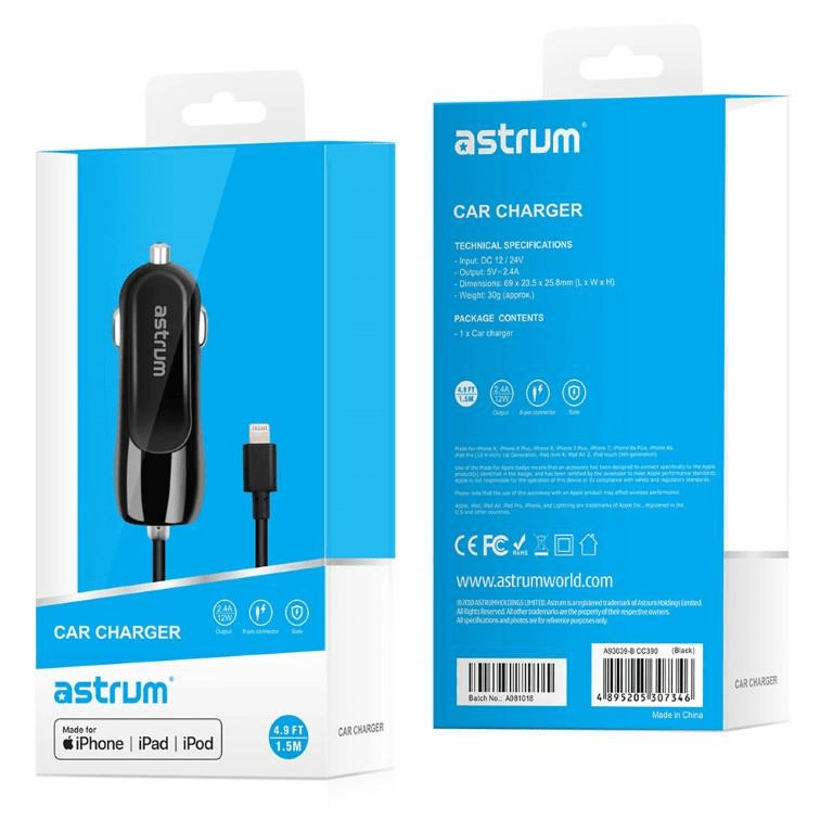 Astrum CC390 8 pin Lightning MFI Car Charger 2.4A Black A93039-B