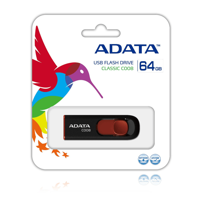 ADATA C008 64GB USB 2.0 Type-A Black and Red USB Flash Drive AC008-64G-RKD