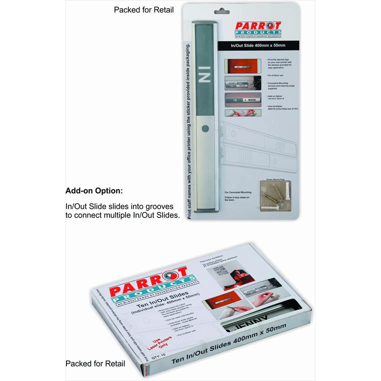Parrot In/Out Sign Slides 400x50mm 10-signs BD4110