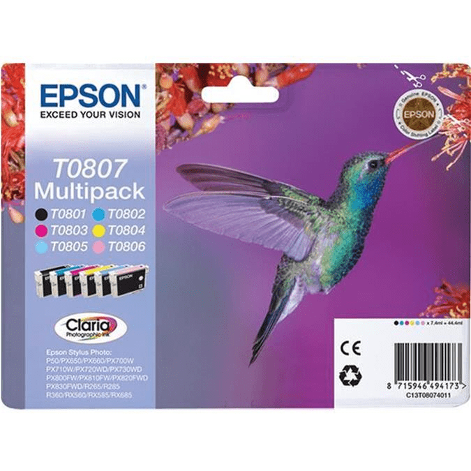 Epson T0807 6-Color Claria Photographic Black, Cyan, Light Cyan, Light Magenta, Magenta, Yellow Printer Ink Cartridges Original C13T08074011 Multipack 6-colours