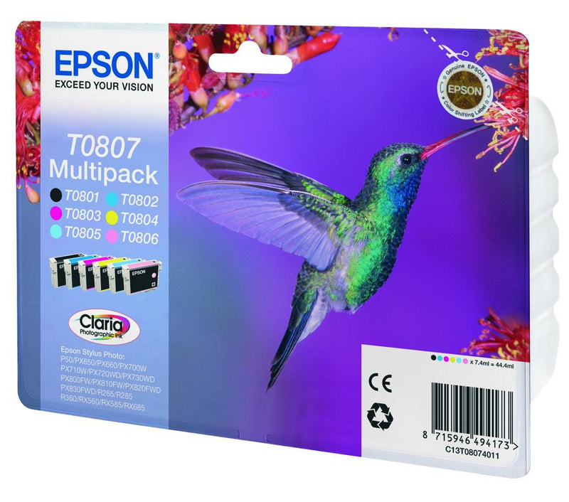 Epson T0807 6-Color Claria Photographic Black, Cyan, Light Cyan, Light Magenta, Magenta, Yellow Printer Ink Cartridges Original C13T08074011 Multipack 6-colours
