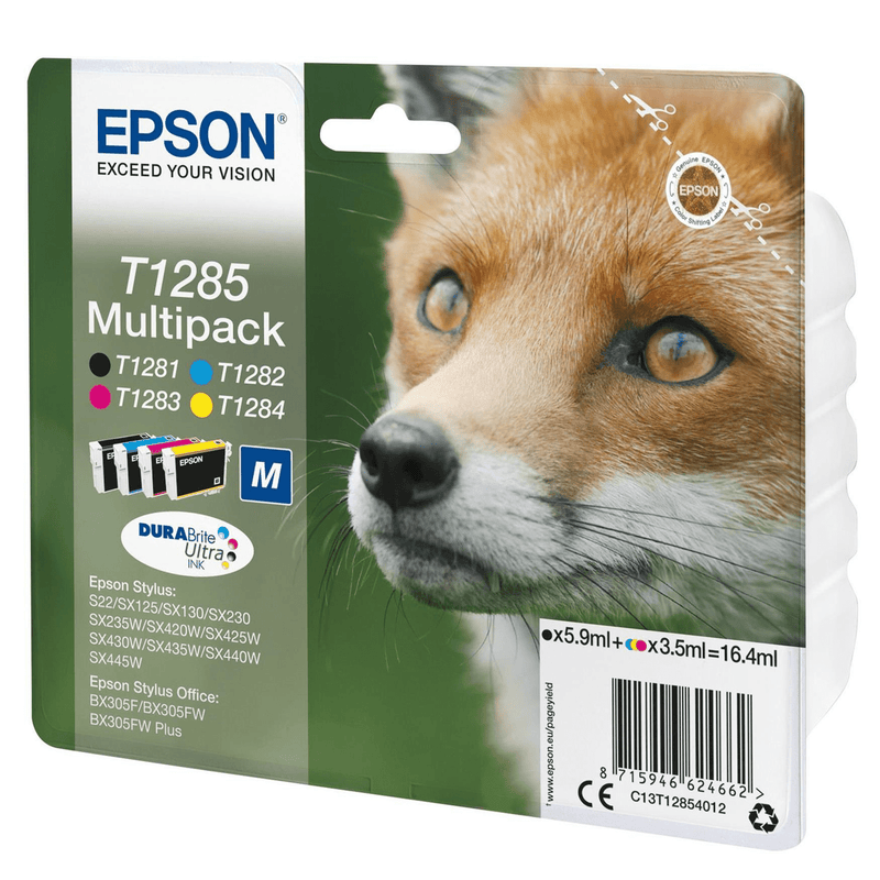 Epson T1285 4-Colors DURABrite Ultra Black, Cyan, Magenta, Yellow Printer Ink Cartridges Original C13T12854012 Multipack 4-colours