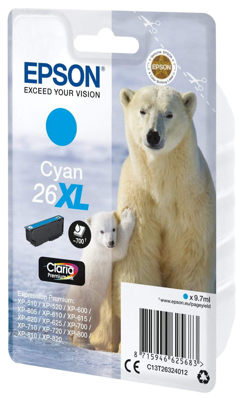 Epson 26XL Claria Premium Cyan High Yield Printer Ink Cartridge Original C13T26324012 Single-pack