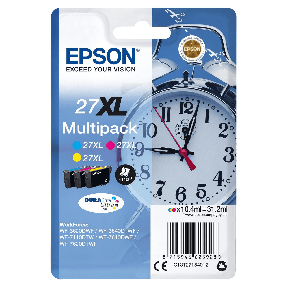 Epson 27XL 3-Colour DURABrite Ultra Cyan, Magenta, Yellow High Yield Printer Ink Cartridges Original C13T27154012
