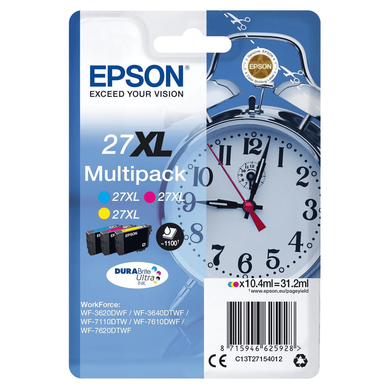 Epson 27XL 3-Colour DURABrite Ultra Cyan, Magenta, Yellow High Yield Printer Ink Cartridges Original C13T27154012
