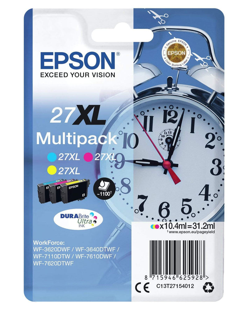 Epson 27XL 3-Colour DURABrite Ultra Cyan, Magenta, Yellow High Yield Printer Ink Cartridges Original C13T27154012