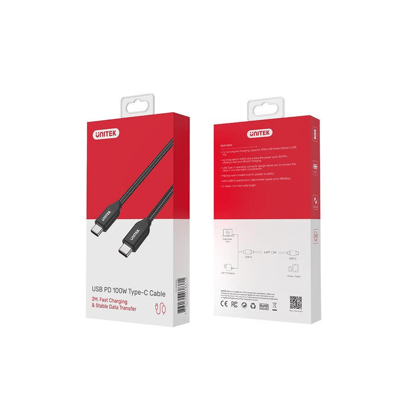Unitek 2m USB-C 100W PD Fast Charging Cable with USB 2.0 Data C14059BK