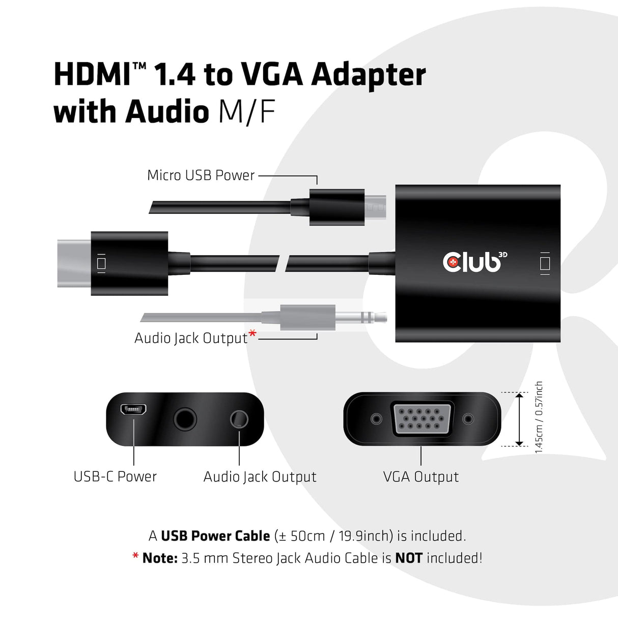 CLUB3D CAC-1302 video cable adapter 0.5 m HDMI Type A (Standard) VGA (D-Sub) Black