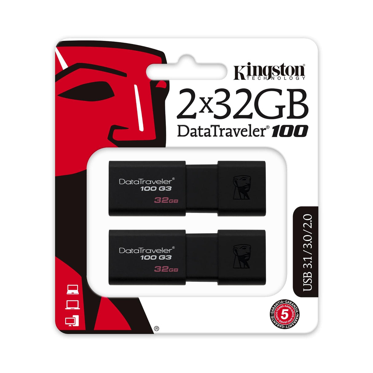 Kingston DataTraveler 100 G3 32GB USB 3.2 Gen 1 Type-A Black USB Flash Drive DT100G3/32GB-2P