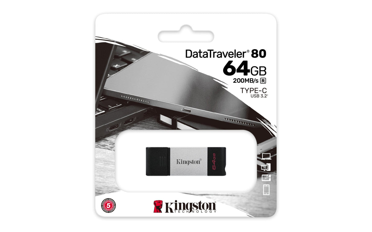 Kingston DataTraveler 80 64GB USB 3.2 Gen 1 Type-C Black and Silver USB Flash Drive DT80/64GB