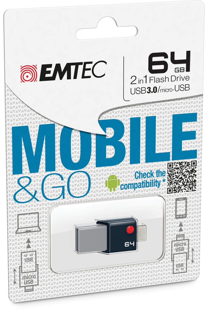 EMTEC Mobile & Go 64GB USB 3.2 Gen 1 Type-A / Micro-USB 3.2 Gen 1 Black and Silver USB Flash Drive ECMMD64GT203