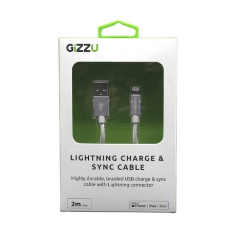 Gizzu Lightning Charge Braided Cable 2m White GCALB2MS