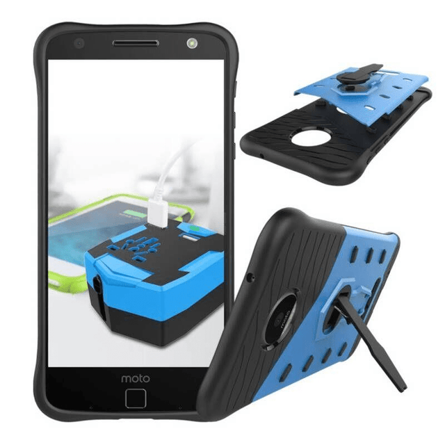 Tuff-Luv Dual Armour Layered Case and Stand for Motorola Moto Z/Droid Blue I11_32