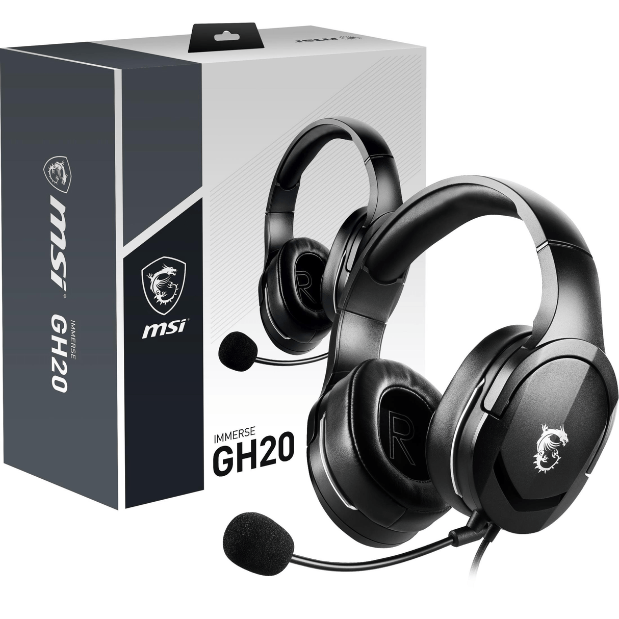 MSI IMMERSE GH20 Gaming Headset 'Black with Iconic Dragon Logo, Wired Inline controller and jack with splitter cable, 40mm Neodymium Drivers, Unidirectional Mic, PC and Cross-Platform Compatibility’