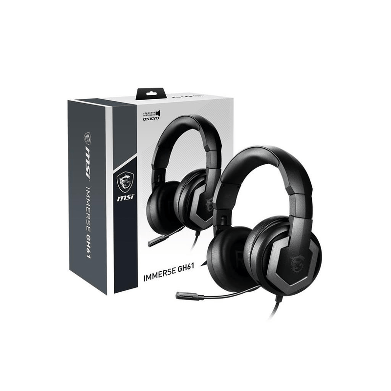 MSI IMMERSE GH61 Hi-RES 7.1 Virtual Surround Sound Gaming Headset 'Black with Silver Dragon Logo, Speakers installed by ONKYO, USB and 3.5mm audio connector, Built-in ESS DAC and AMP, 40mm Drivers, retractable Mic'