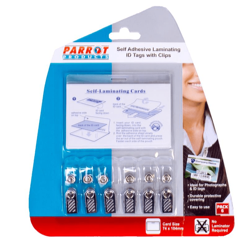 Parrot Laminating Self Adhesive ID Tags and Clips 6 LA1050